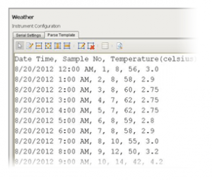 An example of the module’s columnar-based CSV parse template that extracts date, time, sample number, temperature and humidity values and makes them available to be accessed in Ignition.
