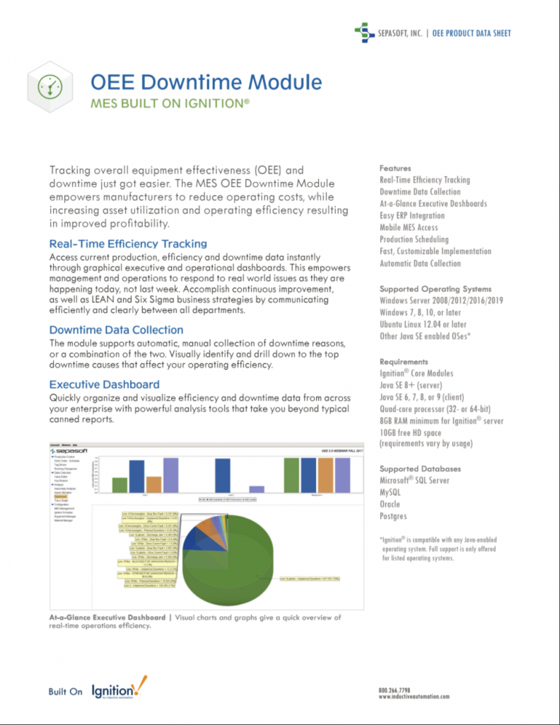 OEE Downtime Standard Product Data Sheet Page One