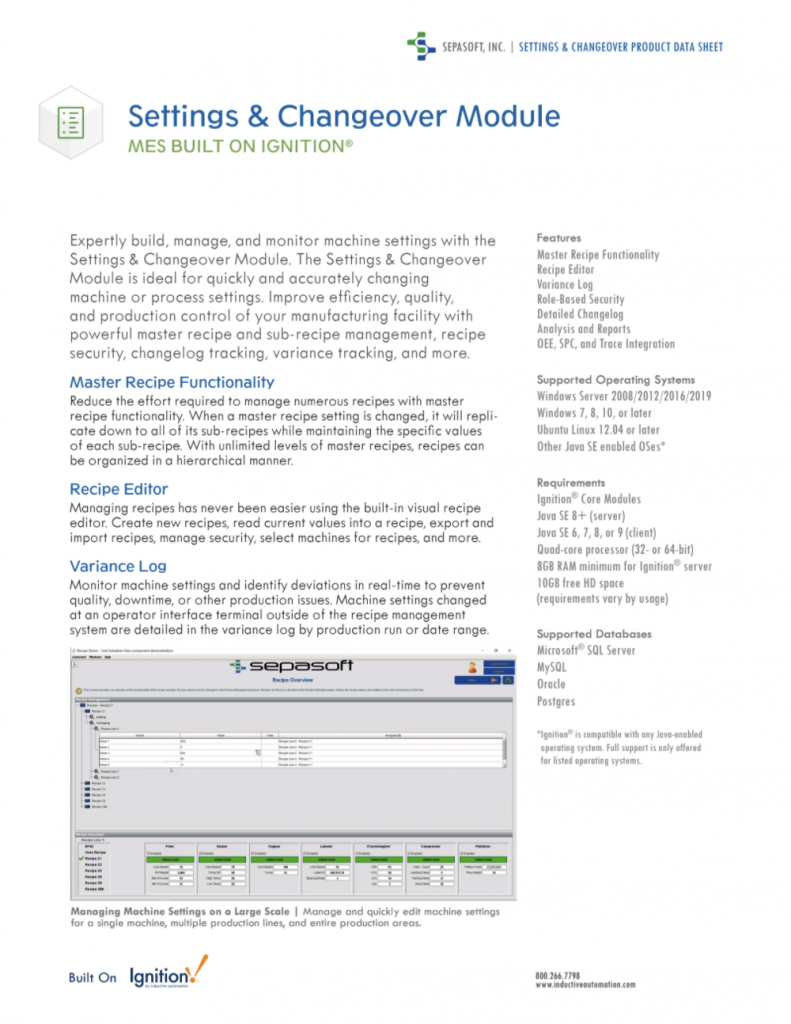 Settings & Changeover Product Data Sheets Page One